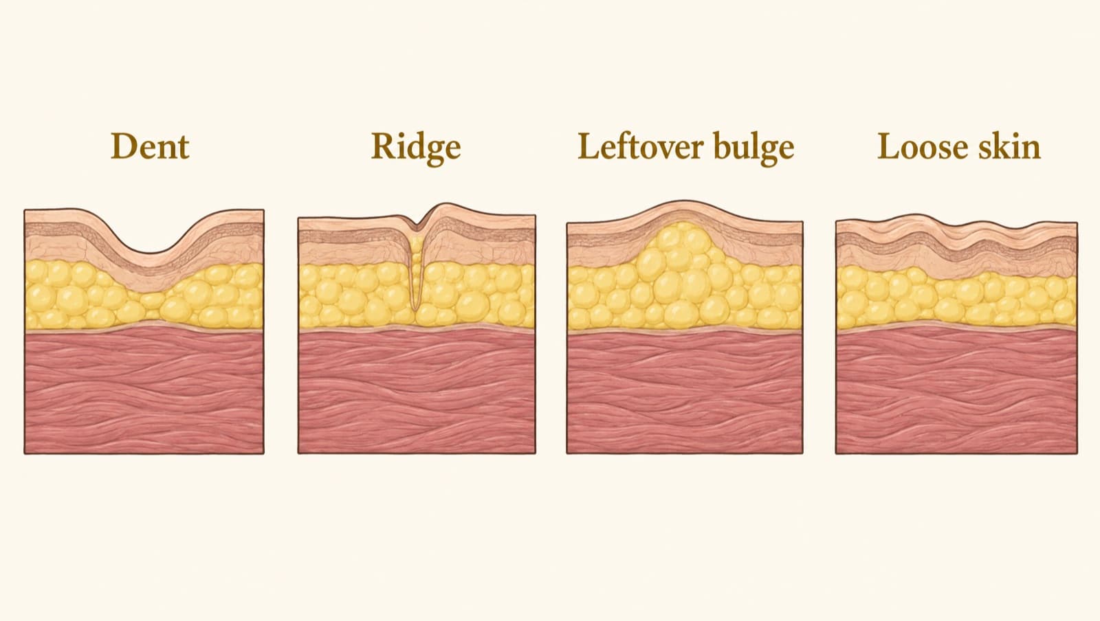 Four side-by-side cross-section panels of skin and fat showing a dent, a ridge, a leftover bulge and loose rippled skin after liposuction