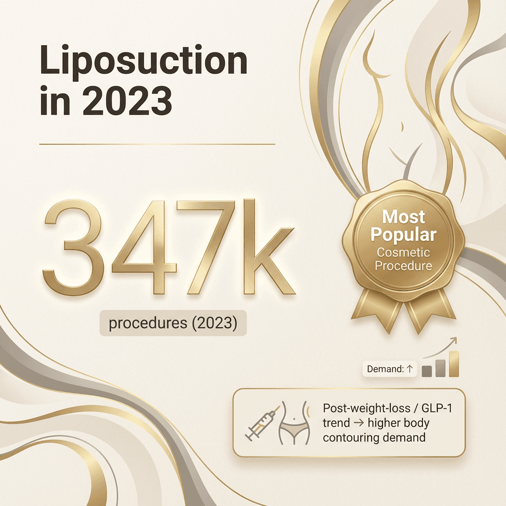 Minimal, luxury-styled infographic showing 2023 procedure volume (347k), “most popular cosmetic procedure,” and a small callout connecting post-weight-loss/GLP-1 trend to body contouring demand (stone tones + gold accent icons).