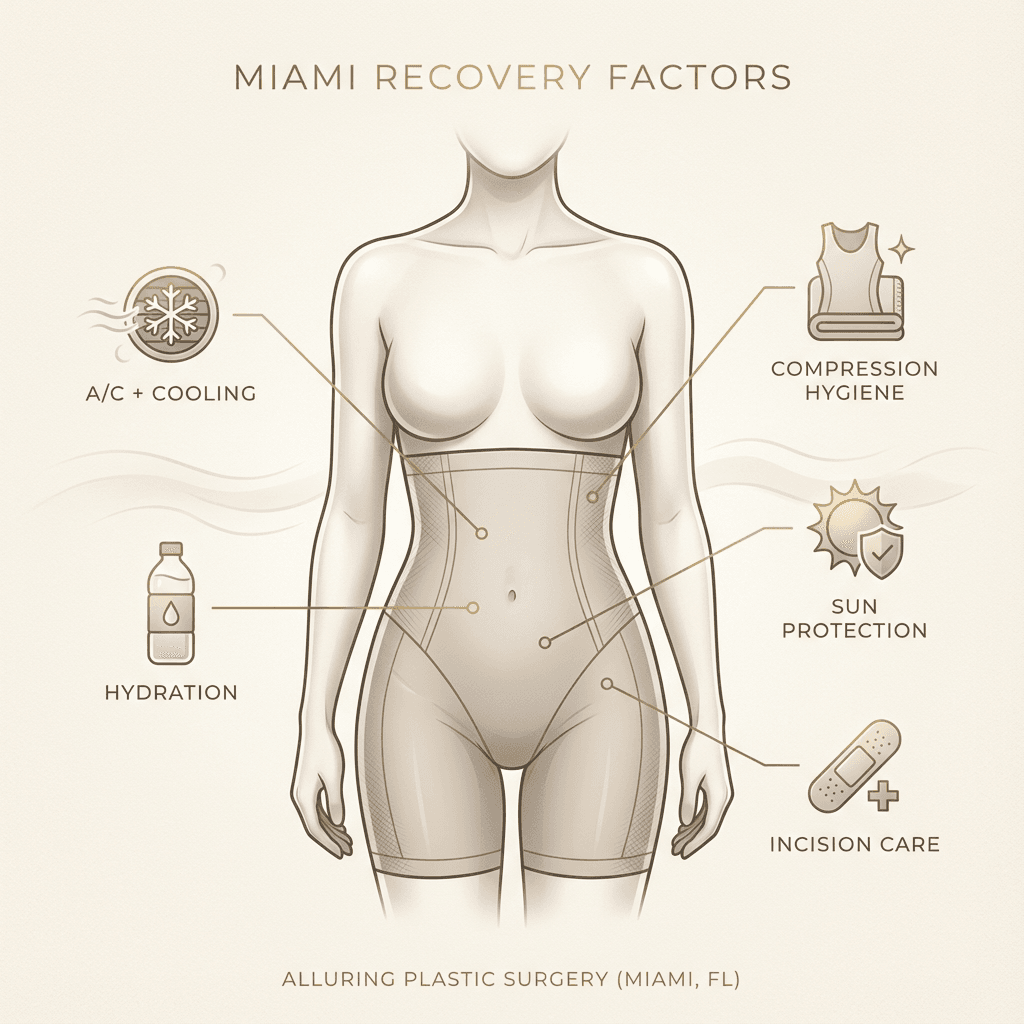 Clean illustration or diagram-style visual: “Miami Recovery Factors” with 3–5 icon callouts (AC/cooling, hydration, compression garment hygiene, sun protection, incision care) in warm neutrals with subtle gold accents.