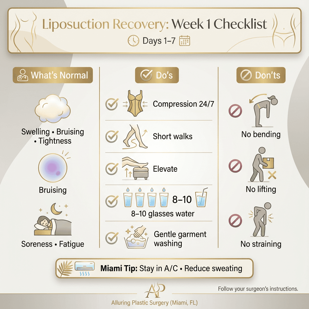 “Week 1 Recovery Checklist” infographic: what’s normal (swelling/bruising), do’s (compression 24/7, short walks, elevate, 8–10 glasses water), don’ts (bending/lifting/strain), and Miami tip (stay in AC, reduce sweat).