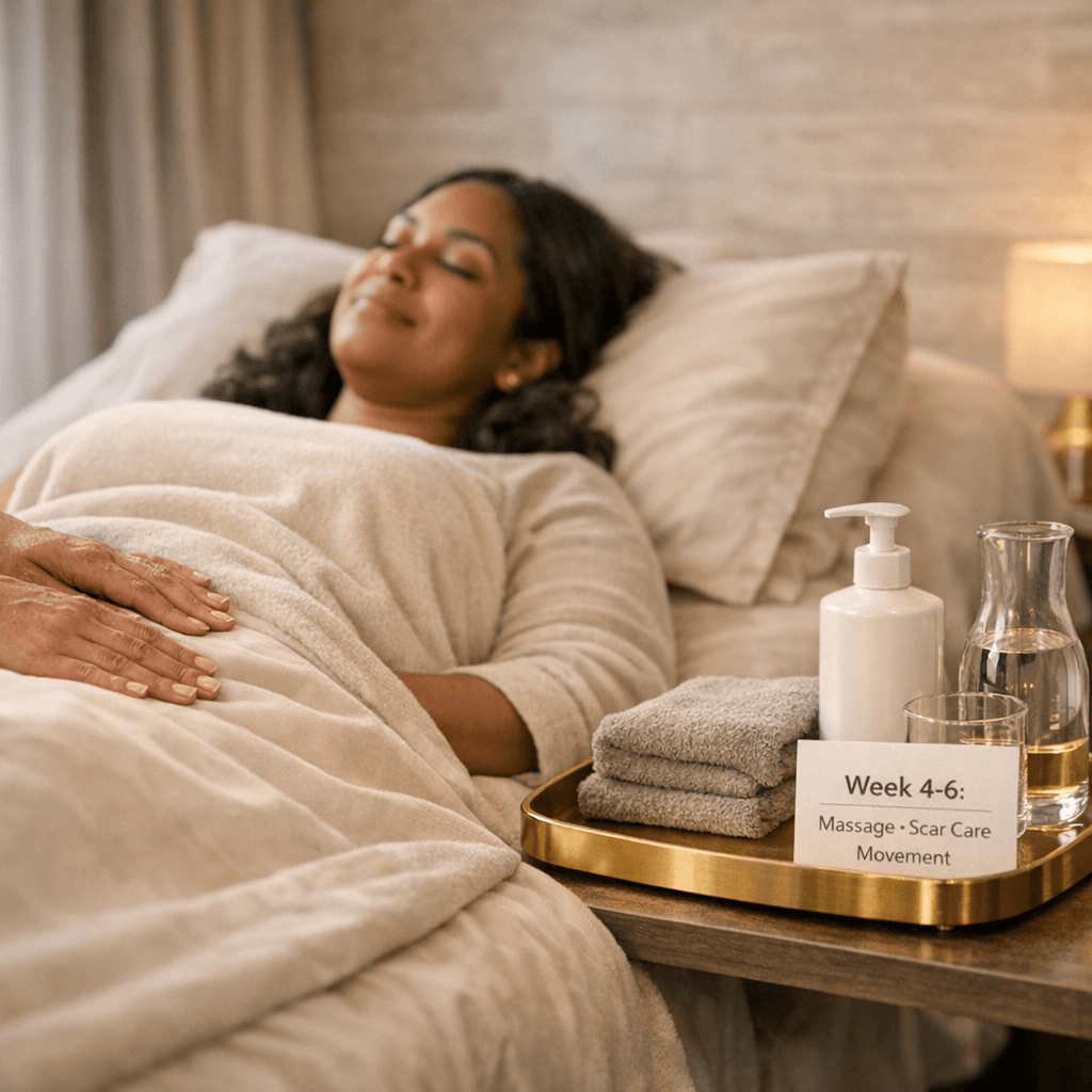 Luxury clinic/spa-style recovery scene: patient receiving a non-graphic lymphatic drainage massage (midsection covered), neutral linens, warm stone palette, gold accent tray, calm “post-op care” vibe.