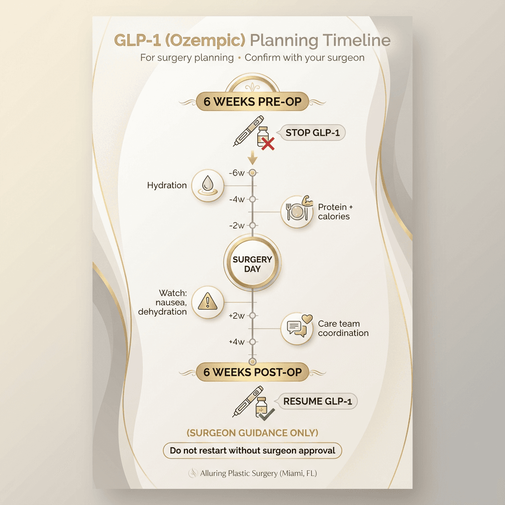 “GLP-1 (Ozempic) Planning Timeline” infographic: stop 6 weeks pre-op, resume 6 weeks post-op (only with surgeon guidance), plus reminders: hydration, protein/calorie intake, nausea/dehydration watchouts.