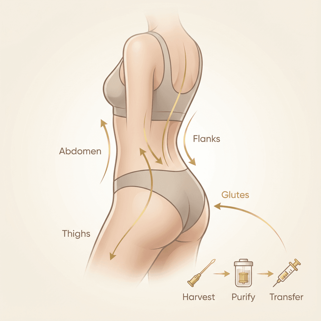 Elegant anatomical illustration of donor areas (abdomen/flanks/thighs) and recipient area (glutes) with soft stone-toned labels and subtle gold accent lines; show âharvest â purify â transferâ concept at a high level.