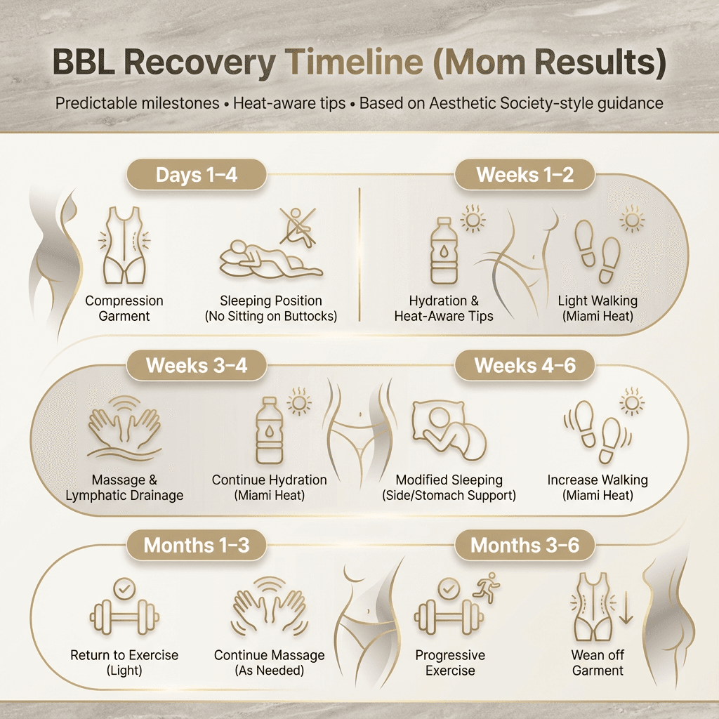 Stone-toned timeline infographic with gold accents: Days 1â4, Weeks 1â2, Weeks 3â4, Weeks 4â6, Months 1â3, Months 3â6, including icons for compression garment, sleeping position, hydration, walking, massage, and return-to-exercise milestones.