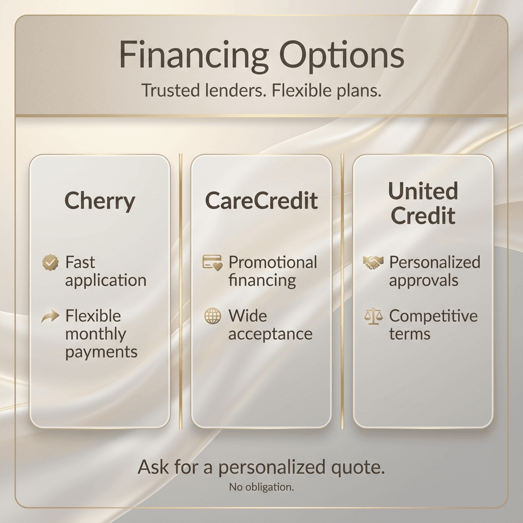 Luxury-styled âFinancing Optionsâ comparison card: three columns (Cherry / CareCredit / United Credit) with 1â2 benefit bullets each, plus a discreet CTA line (âAsk for a personalized quoteâ) in brand colors (beige/cream/warm gray with gold dividers).