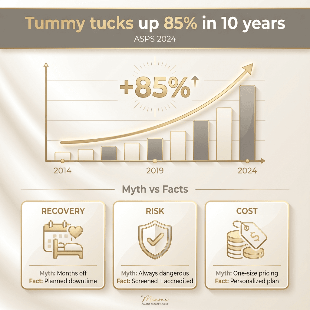 Minimalist infographic: “Tummy tucks up 85% in 10 years (ASPS 2024)” + 3 myth categories (recovery, risk, cost) with refined icons in stone tones and gold accents.