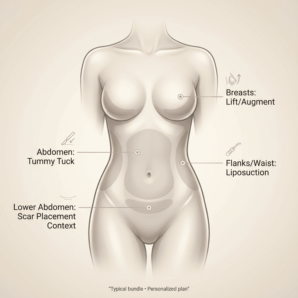 Elegant anatomical illustration (front torso silhouette) with labeled callouts for abdomen, breasts, flanks/waist—showing the typical mommy makeover “bundle” and what each targets.