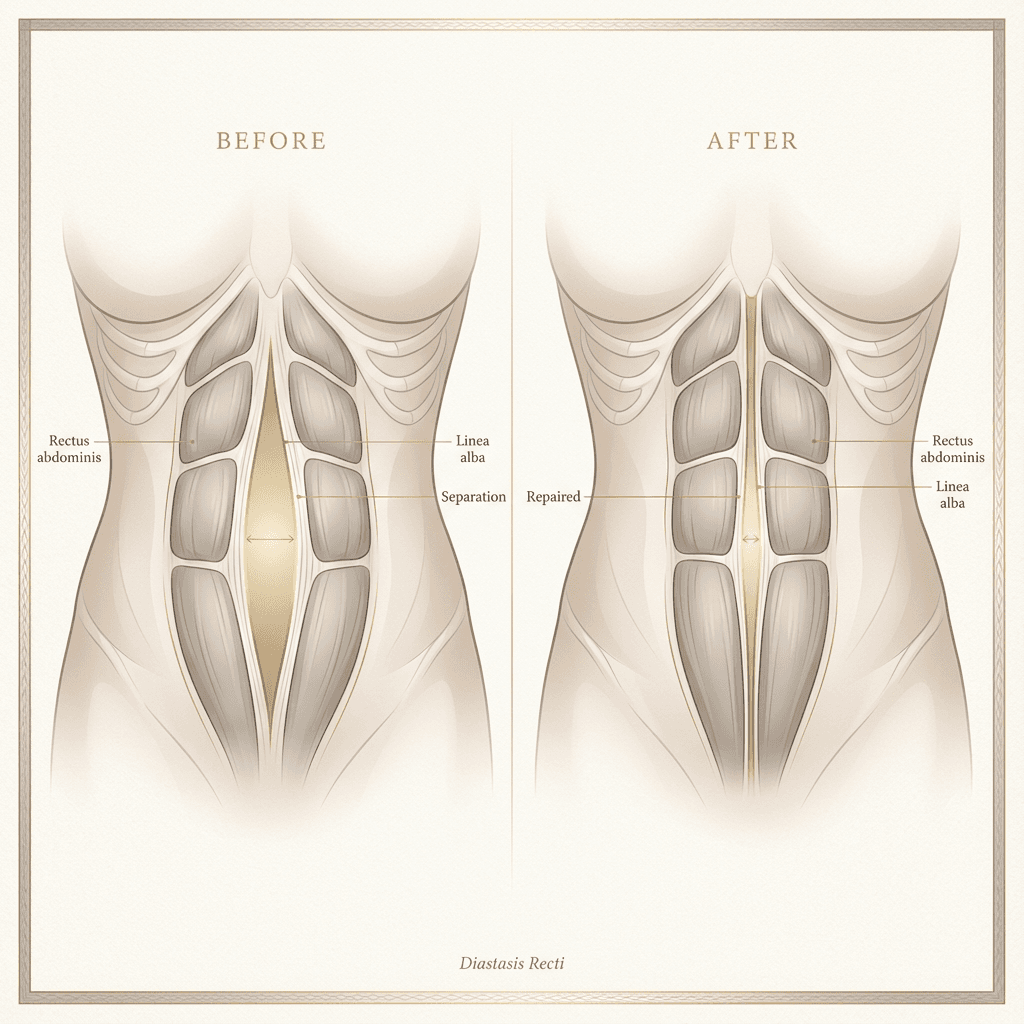 Clean medical-style illustration of the rectus muscles showing separation at the linea alba (before/after: separated vs repaired), with subtle gold accent lines.