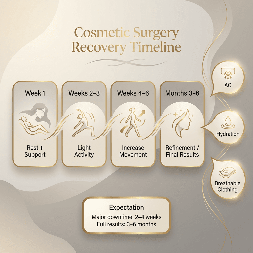 Week-by-week recovery timeline infographic: Week 1 rest/support, Weeks 2–3 light activity, Weeks 4–6 increasing movement, Months 3–6 refinement; add “Miami heat tips” callouts (AC, hydration, breathable clothing).