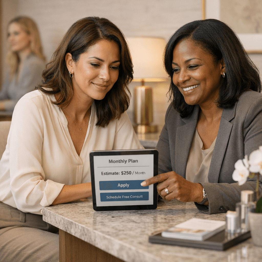 Lifestyle photo in a high-end consultation setting: well-dressed patient reviewing a simple payment plan on a tablet with a coordinator; neutral stone interior with subtle gold accents (no visible logos on screens).