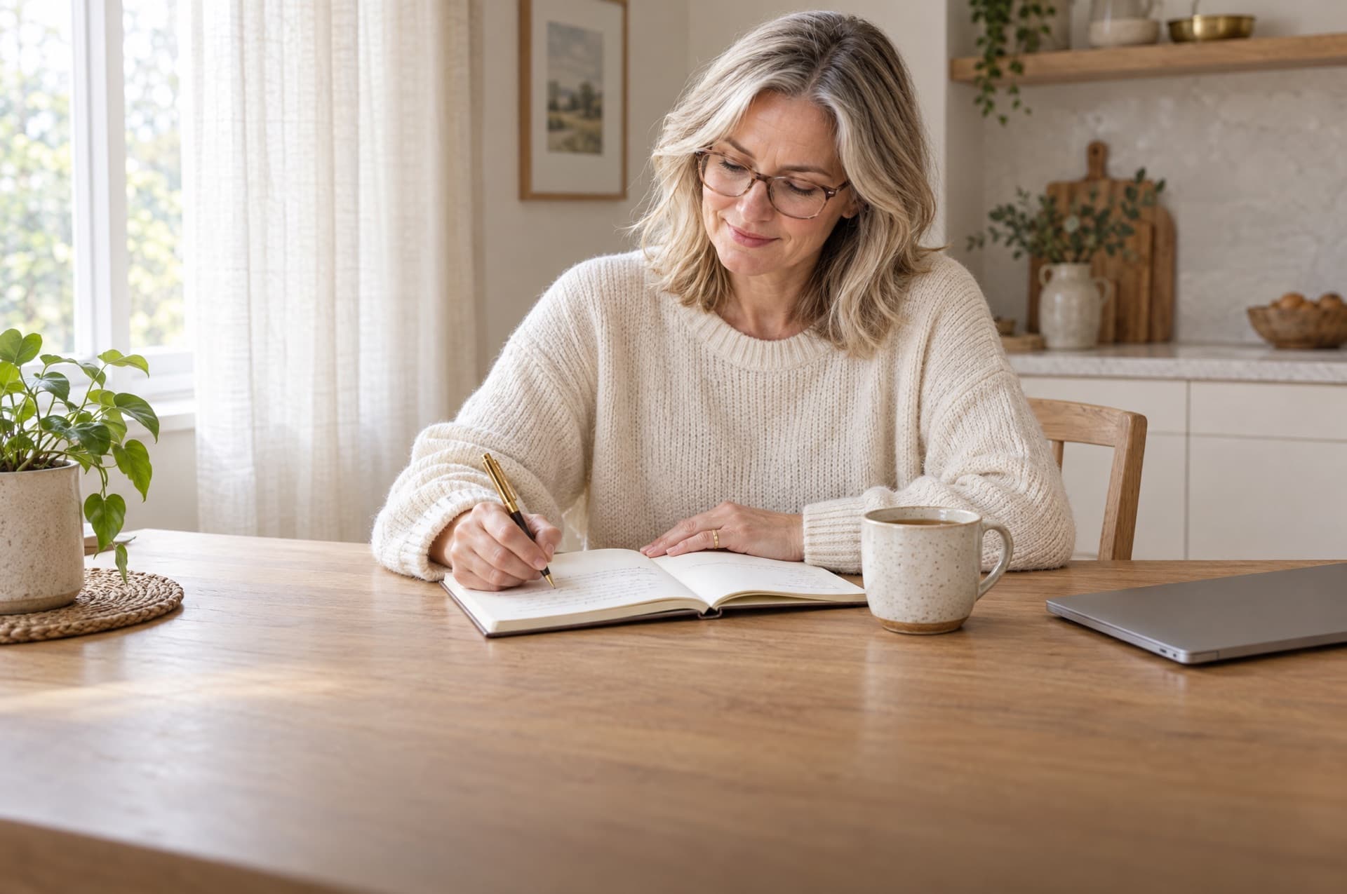 A woman in her early fifties sits at a sunlit kitchen table with a notebook and a cup of tea, writing down questions for a consultation.