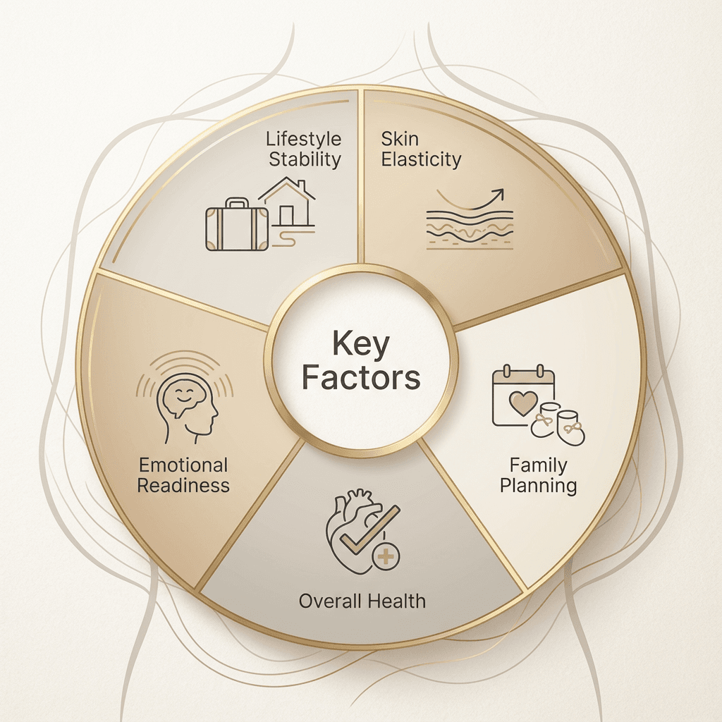 Elegant “decision wheel” or quadrant-style illustration labeled: Skin Elasticity, Family Planning, Overall Health, Emotional Readiness, Lifestyle Stability—using stone tones with subtle gold accents.