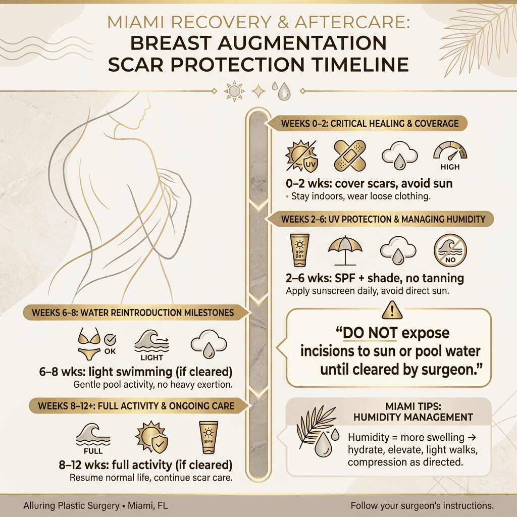 “Miami Recovery & Aftercare” quick-guide infographic: UV/scar protection timeline (first 2–6 weeks), humidity/swelling tips, beach/pool return-to-water milestones (6–8 weeks light swimming; 8–12 weeks full activity), and ‘do not expose incisions’ callouts—styled in stone tones with subtle gold accents.
