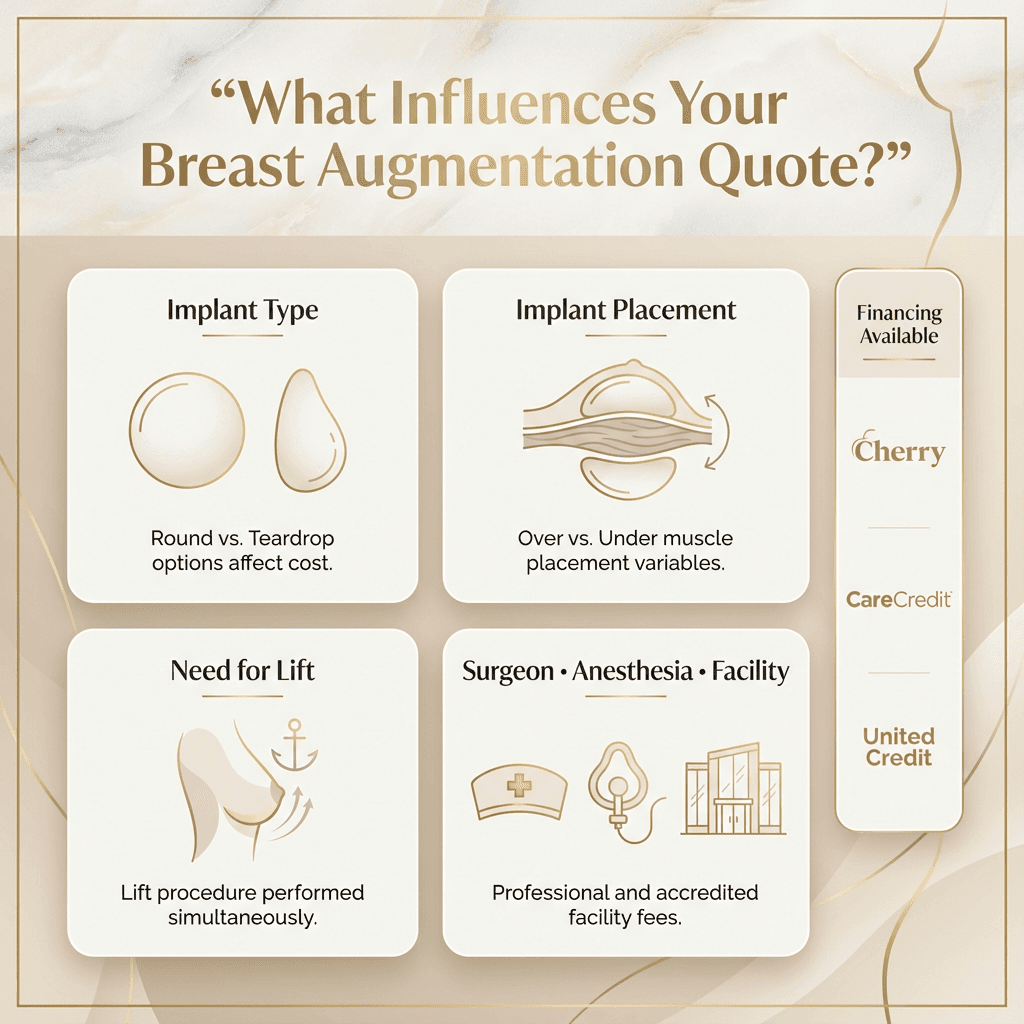 Luxury-styled “What Influences Your Quote?” infographic: 4–6 tiles (Implant type, Implant placement, Need for lift, Surgeon/anesthesia/facility, Recovery support/garments) plus a small “Financing available” sidebar naming Cherry/CareCredit/United Credit (no rates promised).