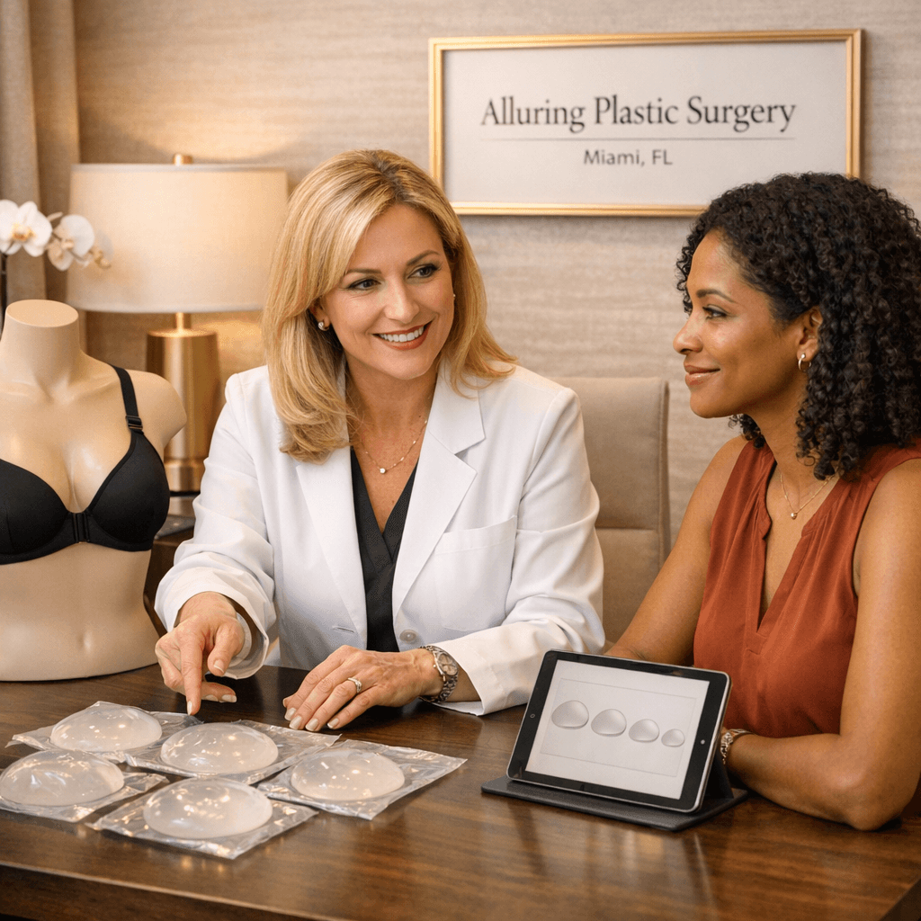 Premium consultation scene: Dr. Karlinsky or a clinician reviewing implant options/sizing with a patient in a stone-toned consultation room (beige/cream/warm gray palette with subtle gold accents), clean lighting, no ‘before/after’ on-screen—focus on trust and expertise.