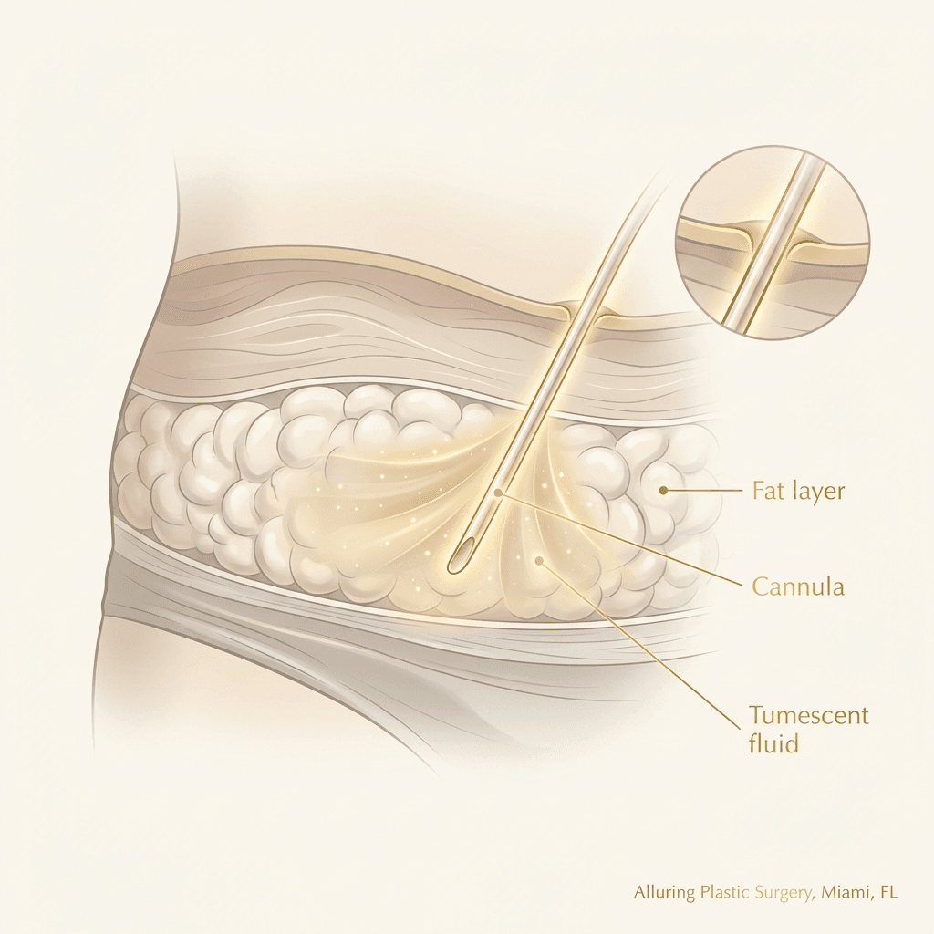 Elegant medical illustration showing a small incision, cannula pathway in subcutaneous fat layer, and tumescent infiltration (simple labels: fat layer, cannula, tumescent fluid).