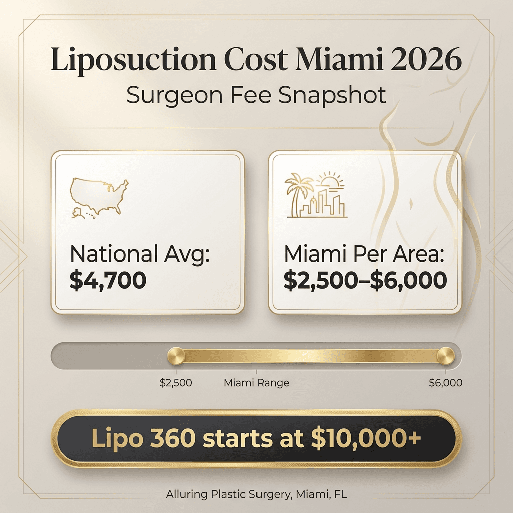 Price comparison graphic: National average surgeon fee ($4,700) vs Miami per-area range ($2,500–$6,000) and “Lipo 360 starts at $10,000+” callout; luxe typography in stone/gold.