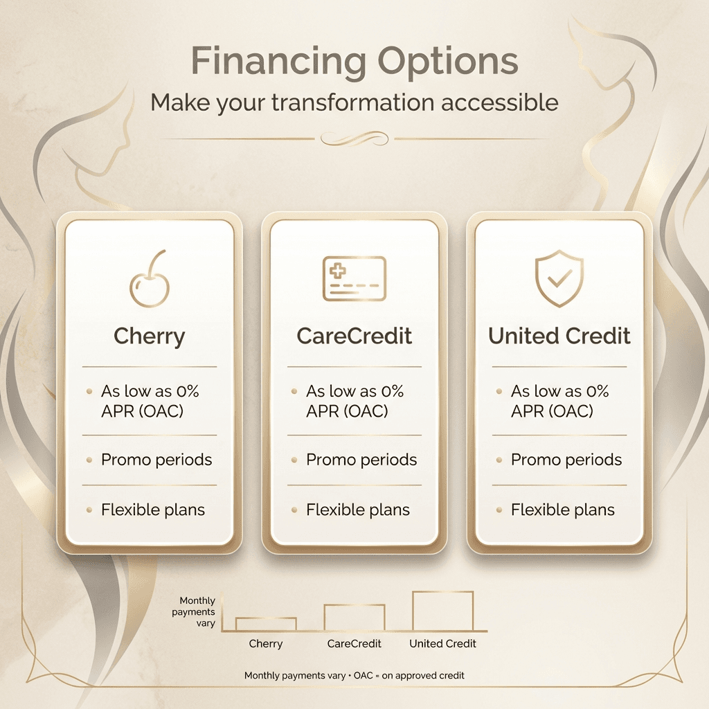 Financing options card-style graphic with three columns (Cherry / CareCredit / United Credit) and short benefit bullets (e.g., “as low as 0% APR (OAC)”, “promo periods”, “flexible plans”).