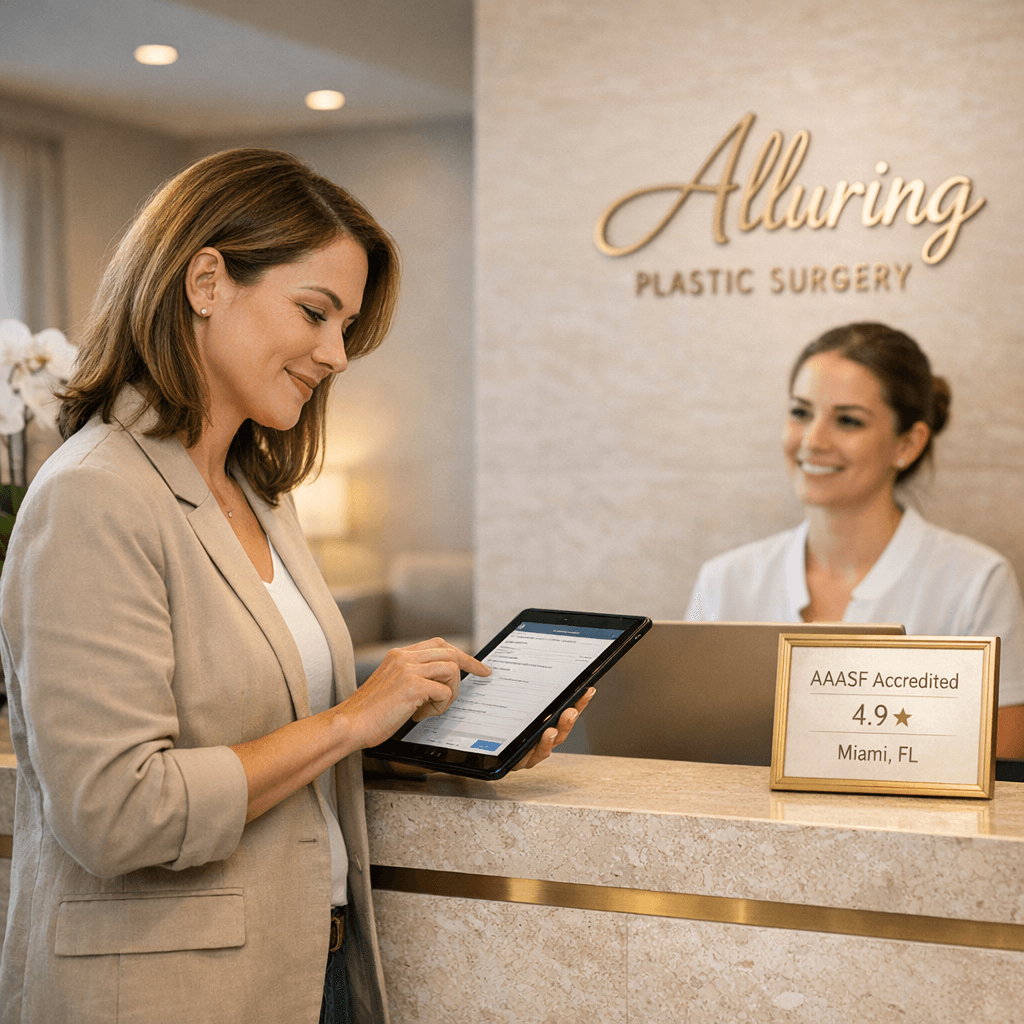 High-end clinic interior/exterior detail shot (reception, consultation room, or sterile accredited OR detail) with warm stone tones and subtle gold accents; clean, calm, premium lighting.