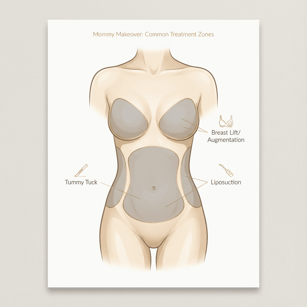 Elegant, clinic-branded body map/diagram highlighting common treatment zones (abdomen, breasts, flanks) with minimal labels (tummy tuck, breast lift/augmentation, liposuction).