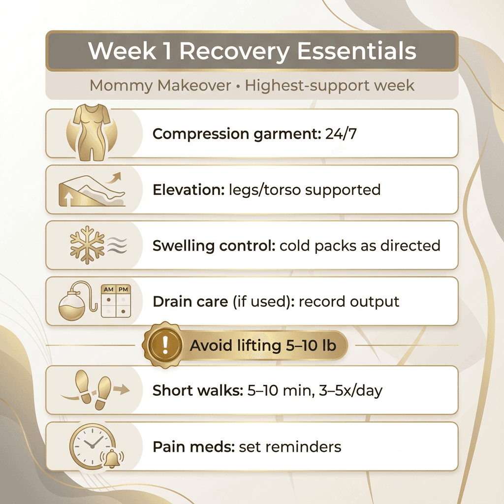 âWeek 1 Recovery Essentialsâ checklist/timeline: compression garment 24/7, elevation, drain care note, walking frequency, pain-med schedule reminder, and âavoid lifting 5â10 lbsâ callout (in stone tones with subtle gold icons).