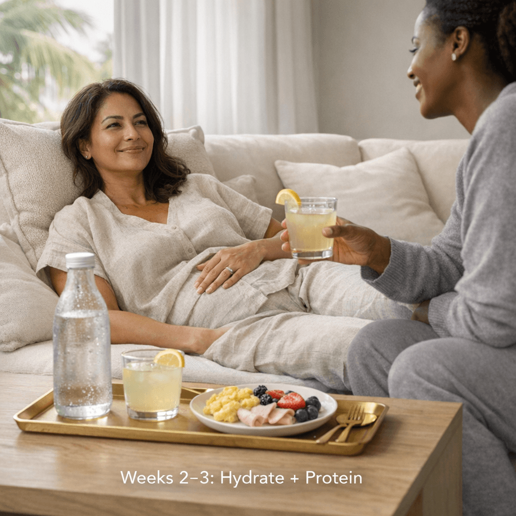 Tasteful lifestyle scene: a recovering mom in a calm, airy home setting with water/electrolytes and a protein-forward meal/snack (eggs/lean protein/fruit), wearing breathable loungewear in neutral tones.