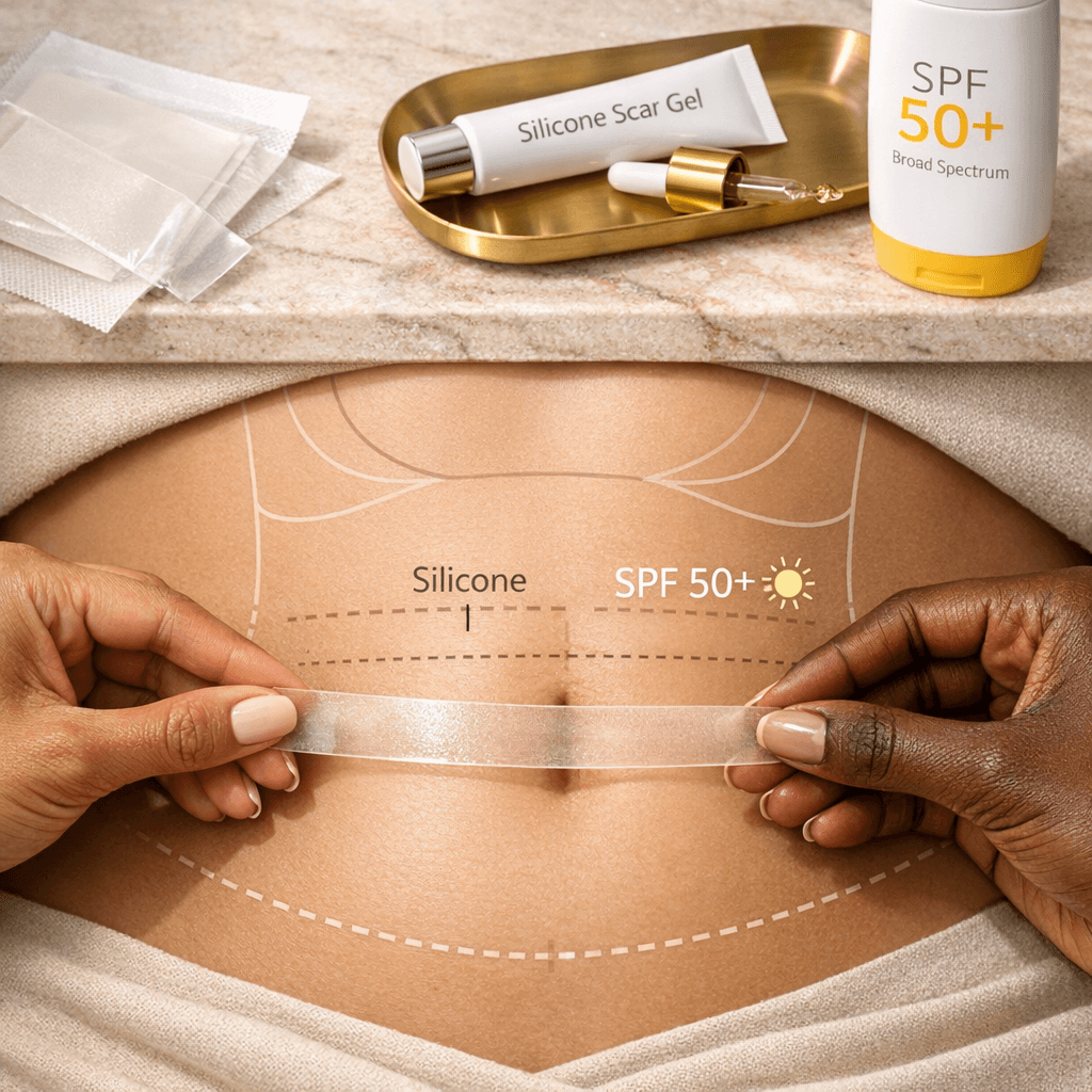 Close-up, premium clinical-lifestyle image of silicone scar sheets/gel and sunscreen ŃŃдОП (no graphic incisions); optionally show hands applying silicone near (not on) an abdomen outlineâclean stone backdrop with gold accent props.