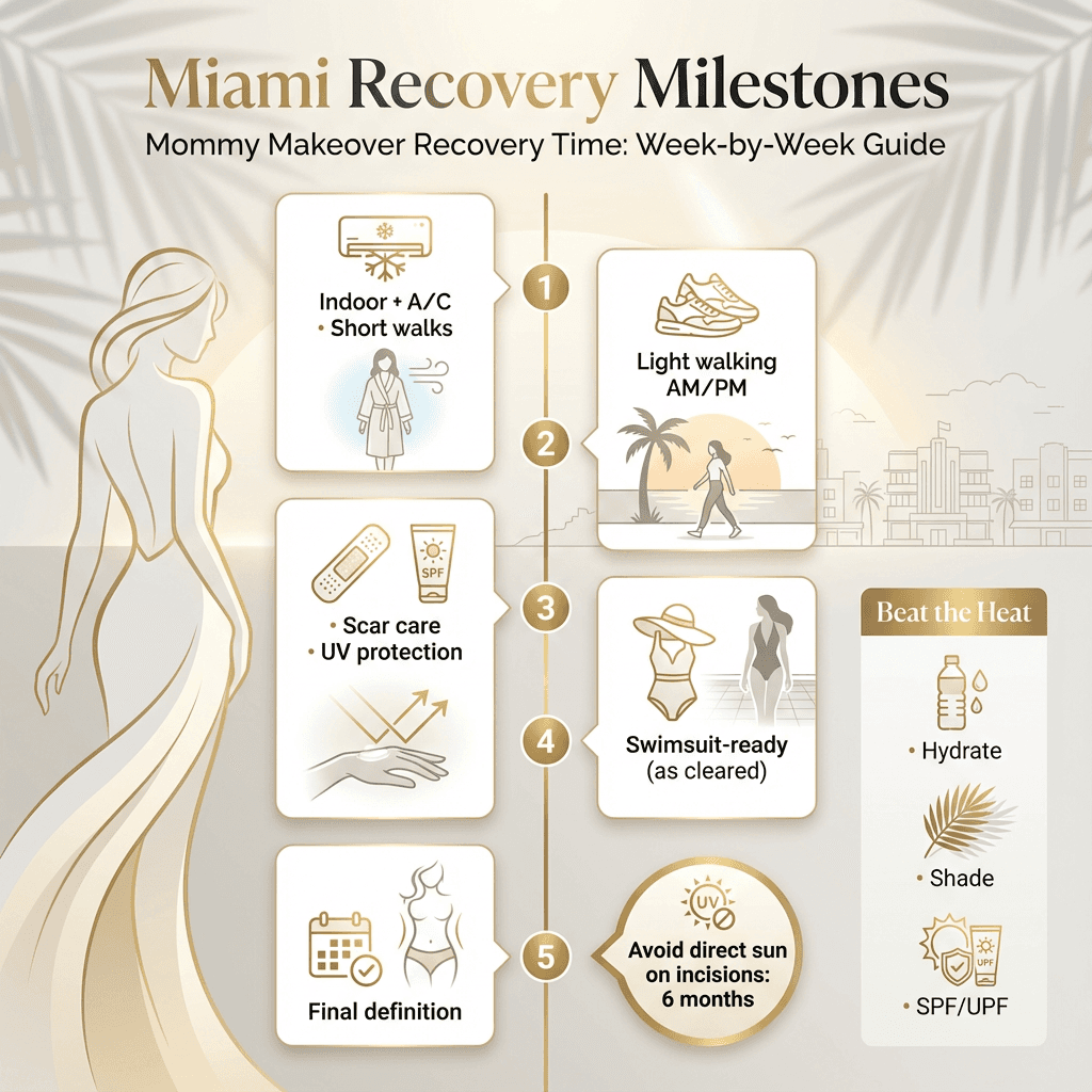 âMiami Recovery Milestonesâ mini-timeline: Week 1 indoor/AC + short walks; Weeks 2â3 light walking AM/PM; Weeks 4â6 scar care + UV protection; 6â8 weeks swimsuits; 3â6 months final definition; âavoid direct sun on incisions 6 monthsâ callout.