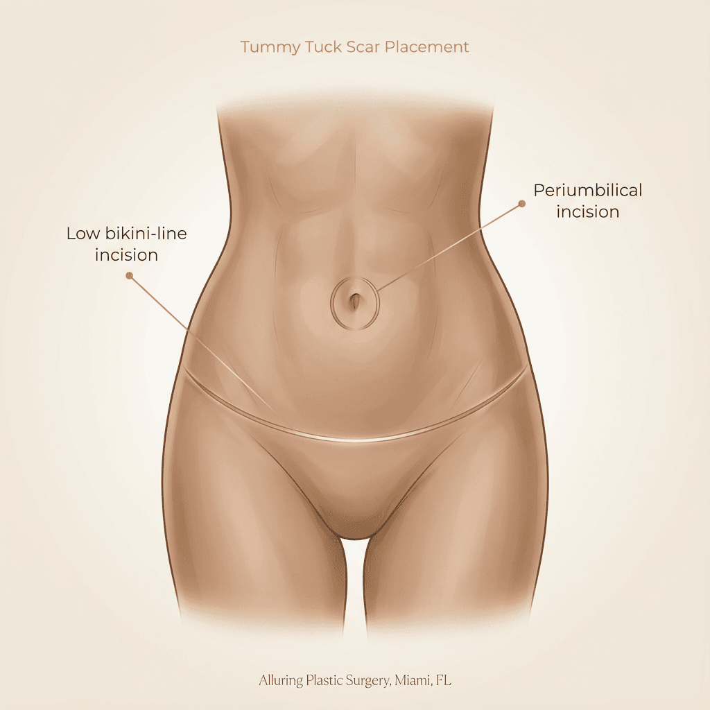 Clean anatomical diagram of abdomen showing typical tummy tuck incision placement (hip-to-hip low line + periumbilical circle), labeled and styled in warm stone tones with subtle gold accents.