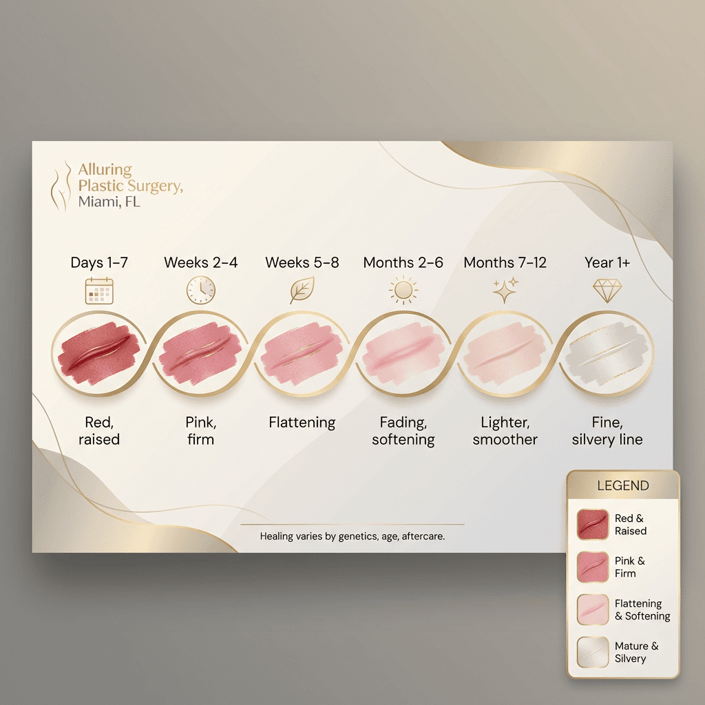 Luxury-styled vertical or horizontal timeline: Days 1–7, Weeks 2–4, Weeks 5–8, Months 2–6, Months 7–12, Year 1+ with short descriptors (red/raised → pink/flattening → fading/softening → silvery line).