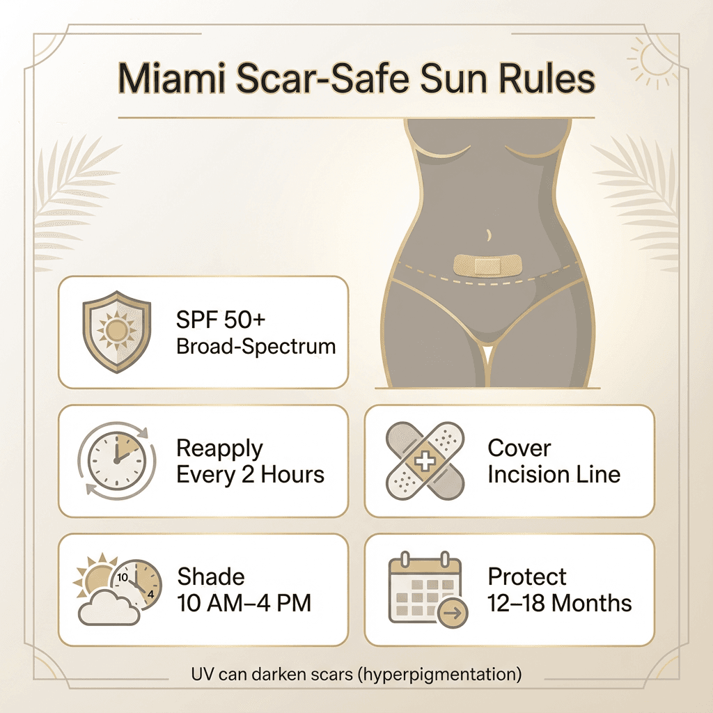 “Miami Scar-Safe Sun Rules” mini infographic: SPF 50+ broad-spectrum, reapply every 2 hours, cover incision line, shade 10–4, 12–18 month protection window; include subtle Miami cues (sun icon/palm silhouette) while staying clinical.