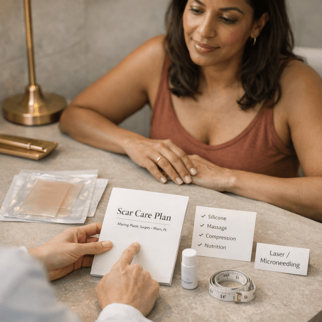 Elegant clinic-setting photo of a provider/patient consultation reviewing a scar-care regimen (silicone sheets/gel, aftercare guide) on a neutral-toned desk; warm beige/stone palette with tasteful gold accent details.