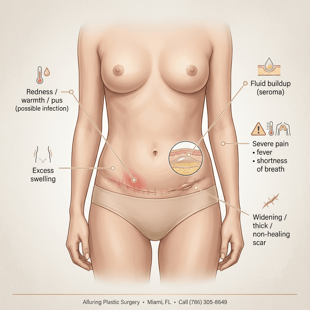 Front-view medical infographic of female torso showing low transverse tummy tuck scar and labeled incision warning signs