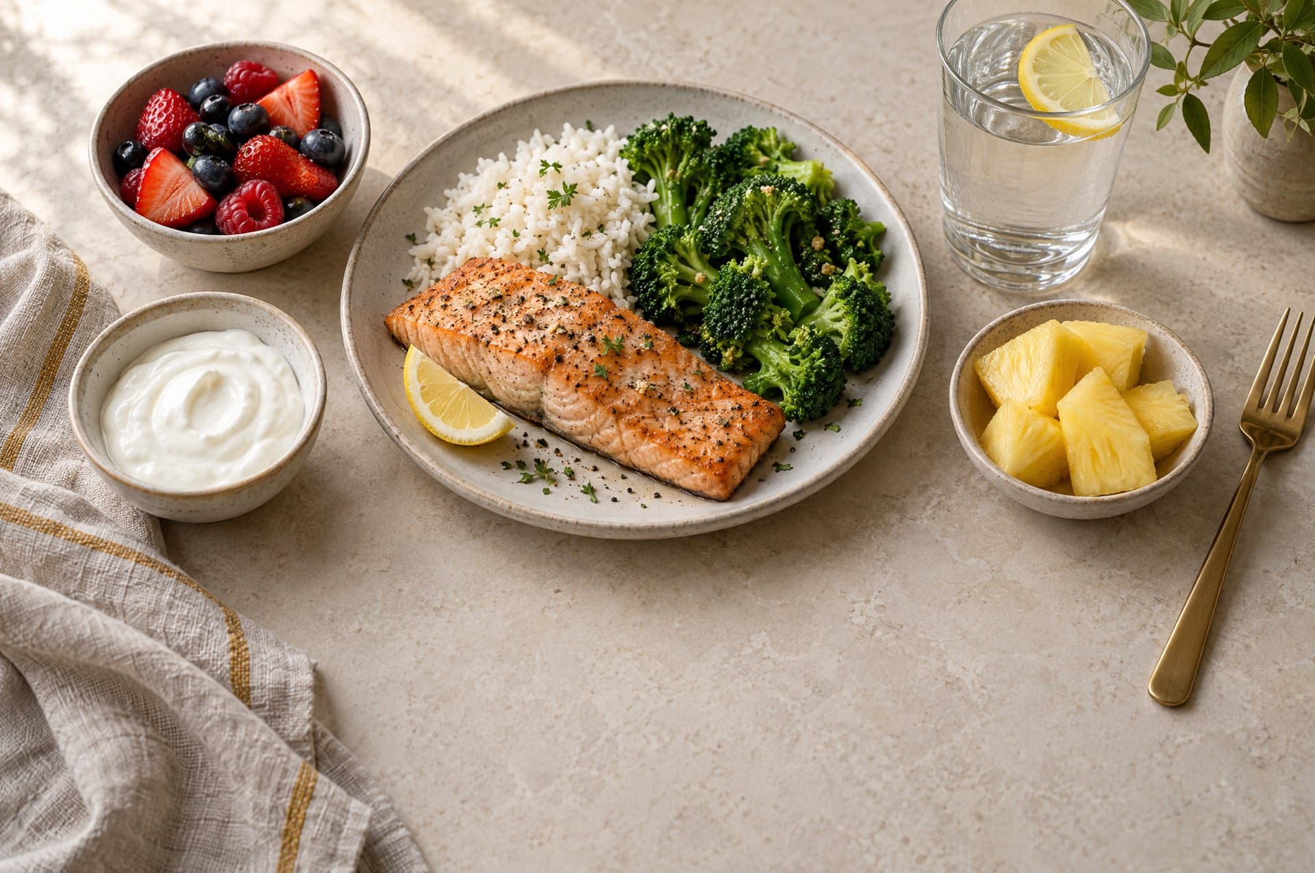 Overhead view of a recovery meal on a pale stone table: baked salmon, rice, steamed broccoli, a bowl of berries and a glass of water.