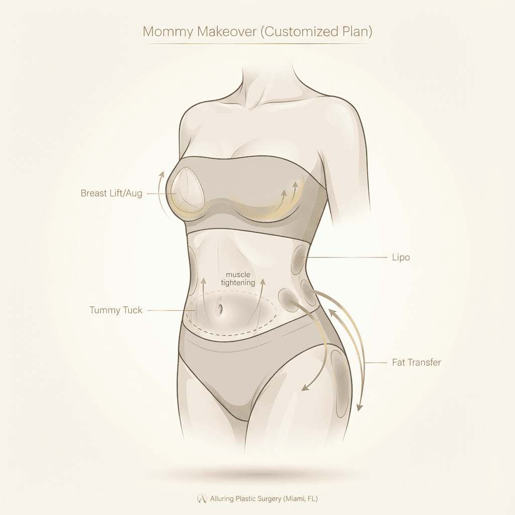 Elegant, simplified body diagram highlighting common mommy makeover components (abdomen tightening, breast lift/augmentation areas, lipo/BBL fat transfer flow), using stone-tone palette with subtle gold labels.