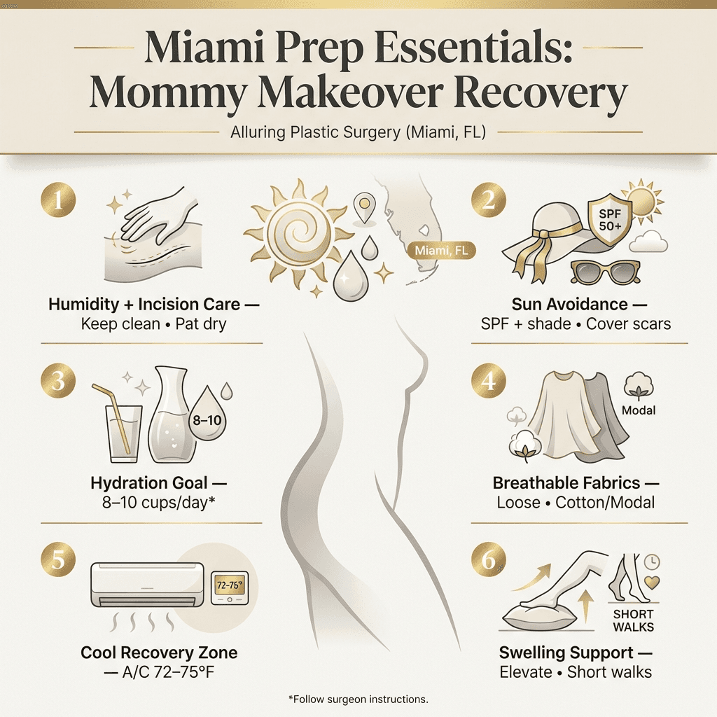 “Miami Prep Essentials” infographic: humidity + incision care, sun avoidance, hydration goals, breathable fabrics, cool recovery zone; minimalist icons in beige/cream with gold accents.