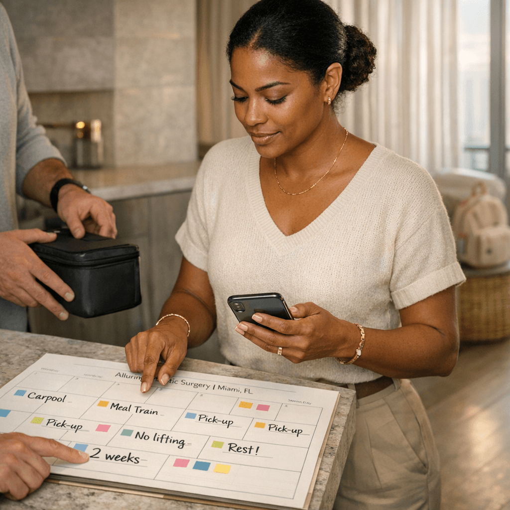 Lifestyle photo: well-dressed Miami mom at home calmly coordinating childcare/meal plan with partner/family member (calendar/phone visible), warm neutral interior, premium feel.