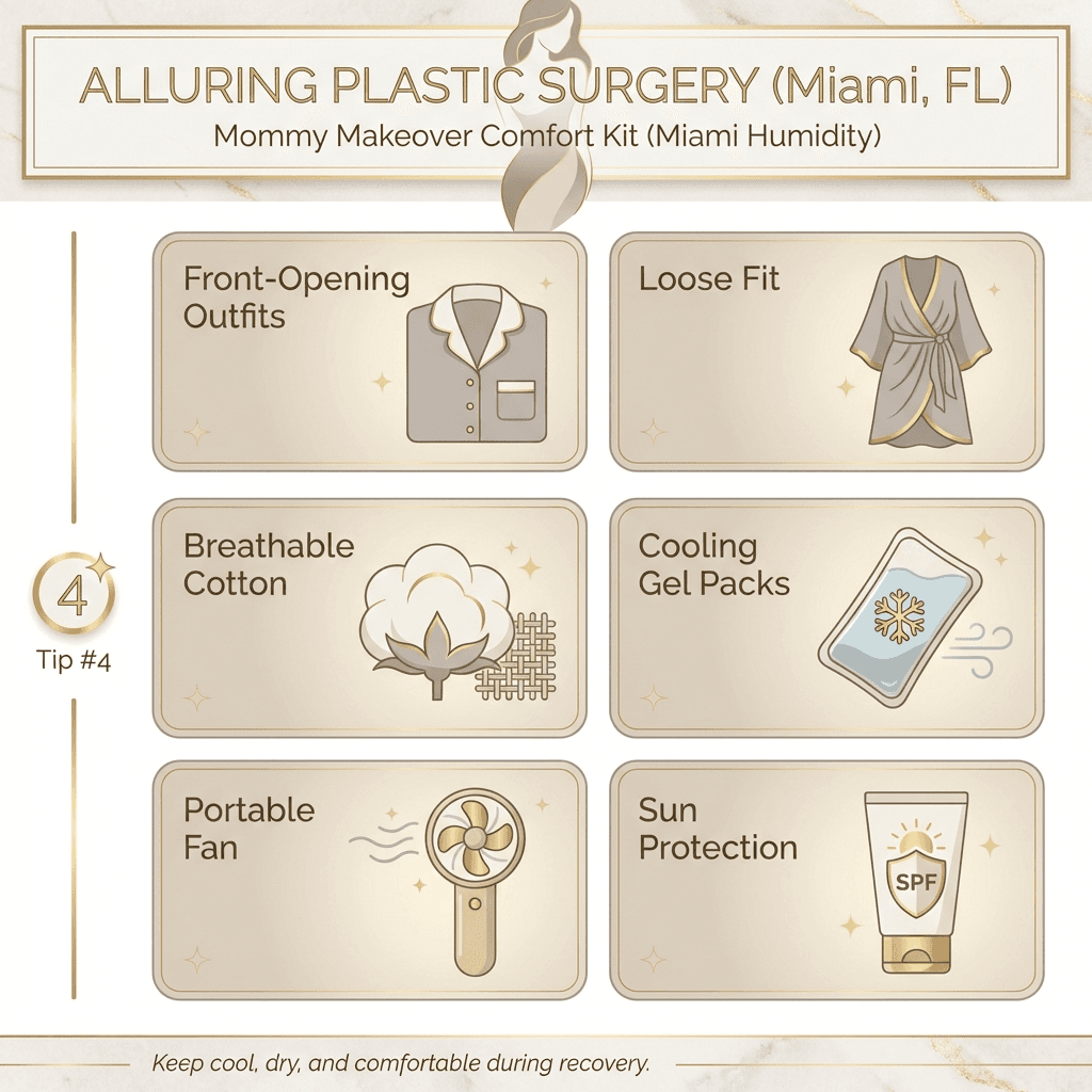 Recovery “comfort kit” checklist graphic: front-opening outfits, breathable cotton, cooling packs/gels, portable fan, sun protection reminders—styled in clinic brand colors (stone tones + gold).