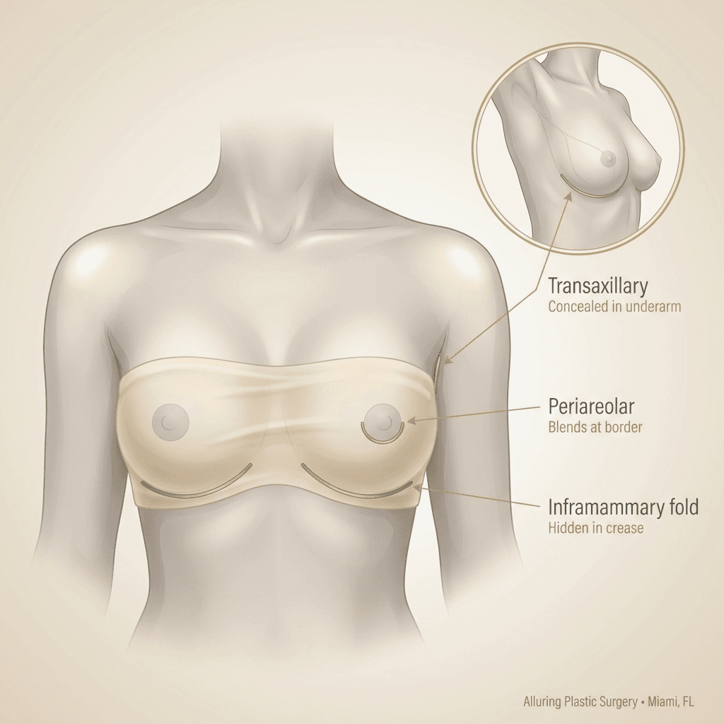 Clean, labeled illustration of breast augmentation incision locations (inframammary fold, periareolar, transaxillary) with subtle callouts about concealment areas; luxury neutral palette with gold accent labels.
