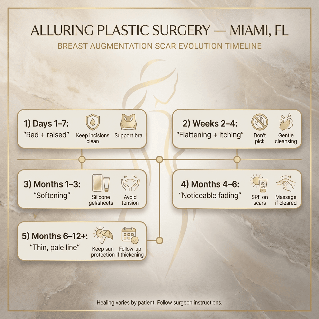 Horizontal timeline: Days 1–7 (red/raised), Weeks 2–4 (flattening/itching), Months 1–3 (softening), Months 4–6 (noticeable fading), Months 6–12+ (thin pale line); include 1–2 key care reminders per phase.