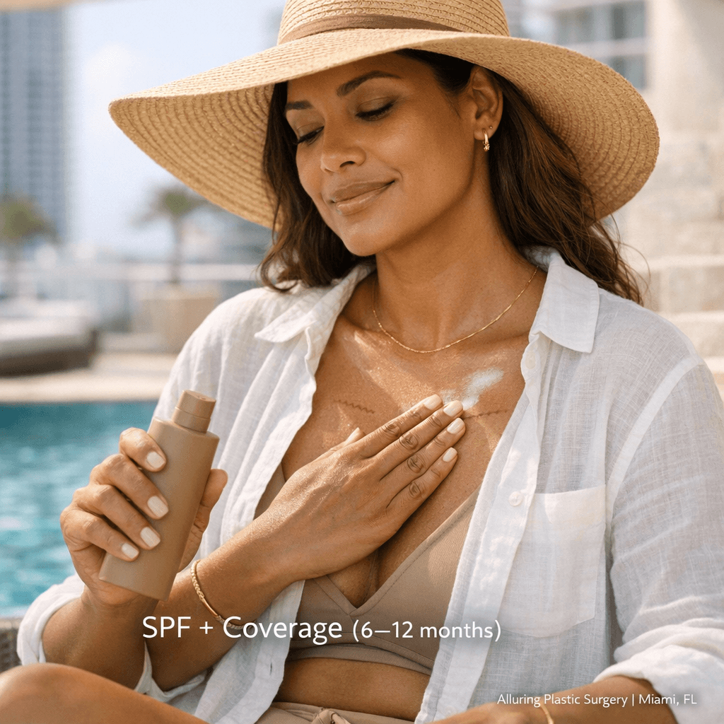 Lifestyle photo: woman (non-explicit) in warm neutral tones applying SPF or wearing a light UPF layer/hat in a bright Miami environment (terrace/poolside), conveying “scar care + luxury routine.”
