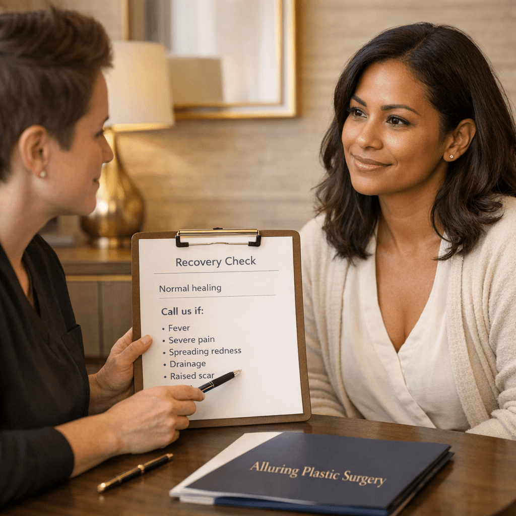 Photo of a calm, premium consultation or post-op follow-up scene (doctor reviewing recovery notes with patient) in a stone-toned, luxury clinic environment; subtle gold accents consistent with brand.