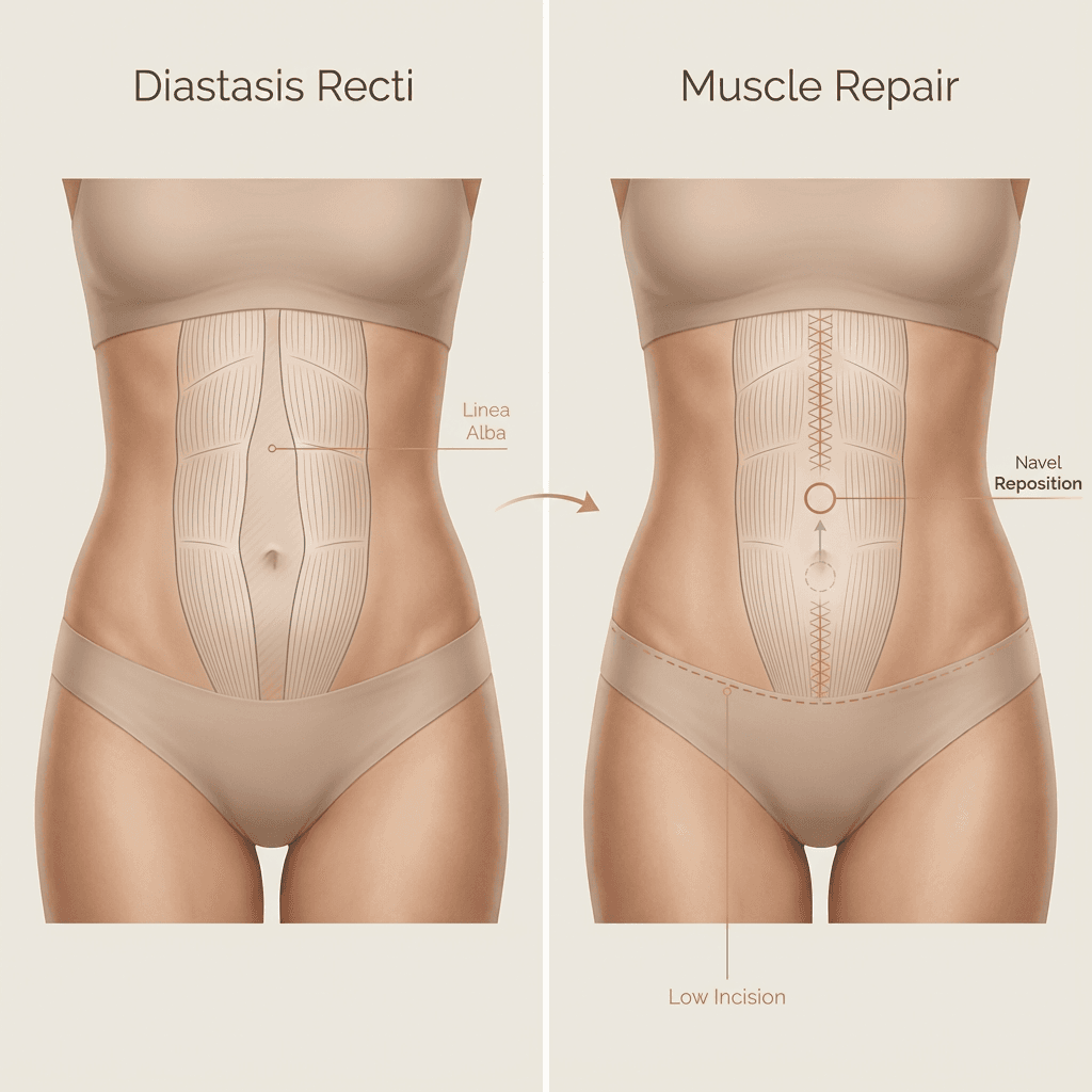 Simplified anatomical diagram of the abdomen: separated rectus muscles (diastasis) → repaired midline; typical low incision line and navel reposition concept (tasteful, clinic-appropriate styling)