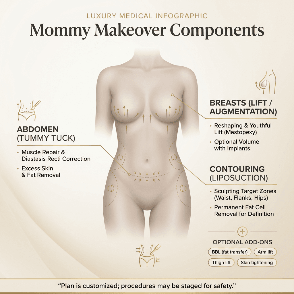 ‘Mommy Makeover Components’ infographic: abdomen (tummy tuck), breasts (lift/augmentation), contouring (lipo) with optional add-ons; include a note that plans vary and may be staged for safety