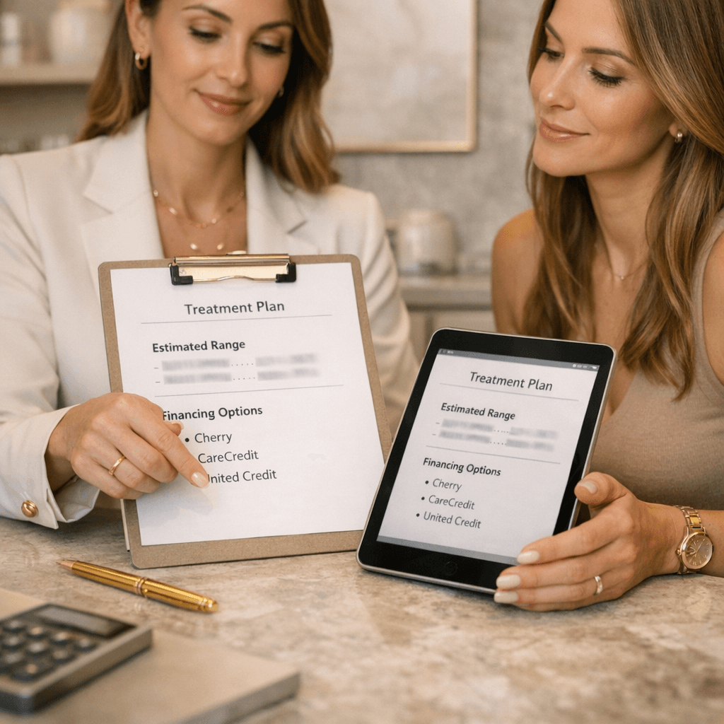 Luxury consultation/financing visual: elegant desk scene with clinician and patient reviewing a simple treatment plan/estimate (no visible personal data), warm beige/cream tones with subtle gold accents