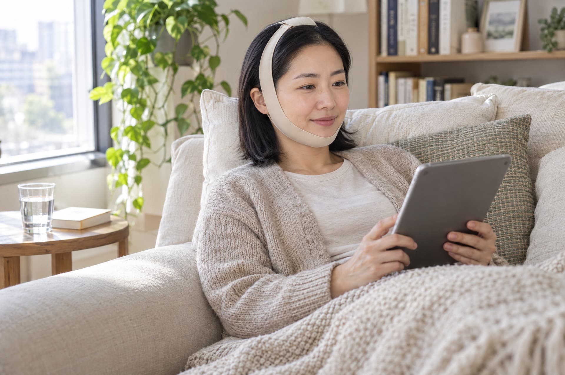 A woman in her early forties resting on a sofa by a bright window, head propped on pillows, wearing a soft beige chin strap and a loose cardigan