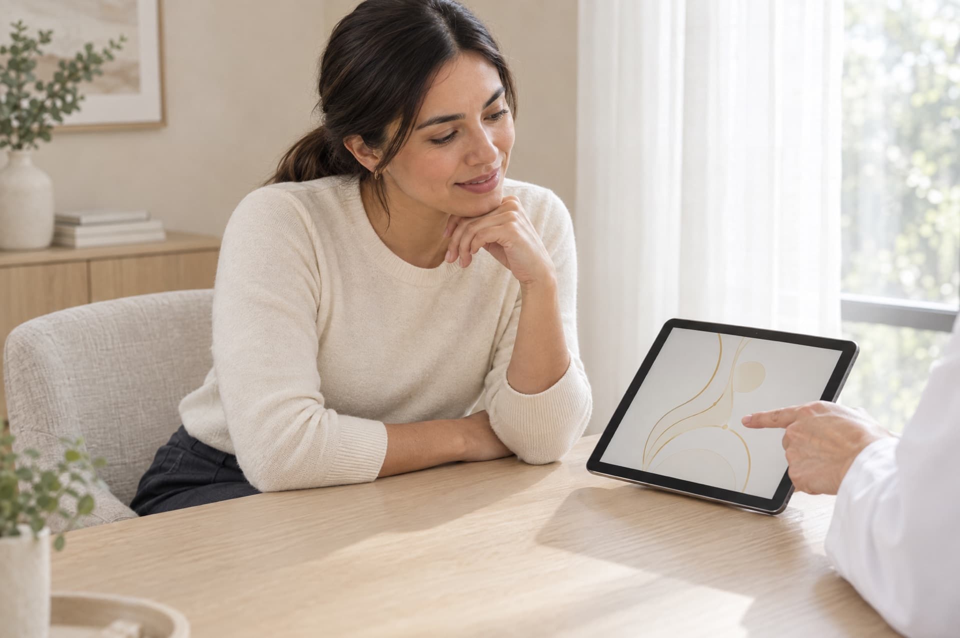 A woman in her early thirties in a bright consultation room looking at a simple body diagram on a tablet held by a clinician