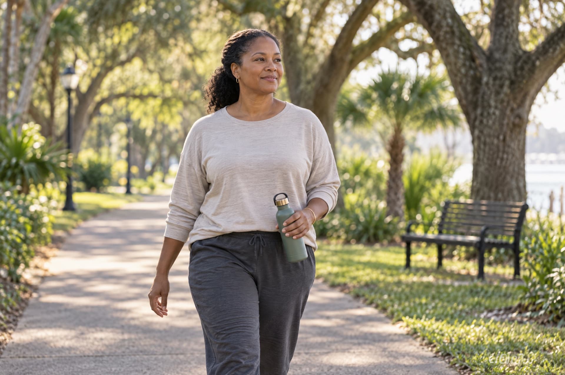 A woman in her forties in a long-sleeved top and loose joggers walks at an easy pace along a shaded park path in the morning.
