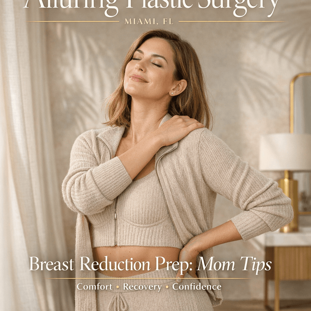 Aspirational, premium-feeling image of a confident post-pregnancy woman in a light, airy Miami interior (stone-toned palette) suggesting comfort/relief and active lifestyle readiness.