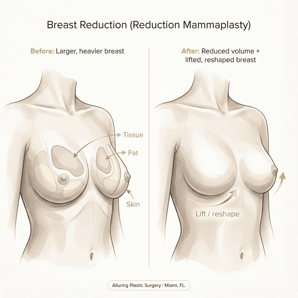 Elegant, clinic-branded anatomical illustration showing breast reduction concept (tissue removal + lift/re-shape), with discreet labeling and neutral stone/gold accents.